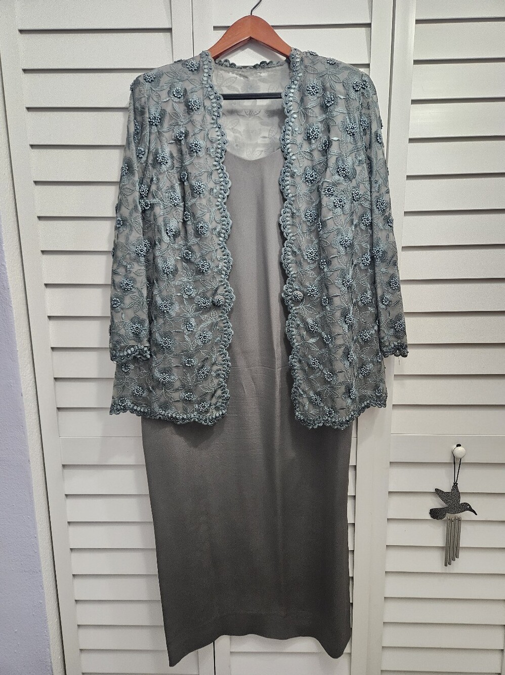 Pewter Elegant Custom-Made Dress & Jacket in Dusty Blue-Gray. Size 10/12